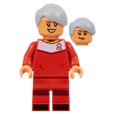 soccer player female red uniform nougat skin light bluish gray hair