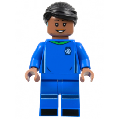 soccer player female blue uniform medium brown skin black hair hearing aid