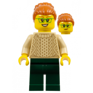 camper - female dark orange hair glasses tan sweater dark green legs