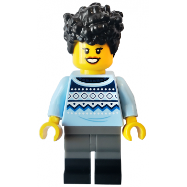 camper - female bright light blue knit fair isle sweater dark bluish gray legs with black boots black hair