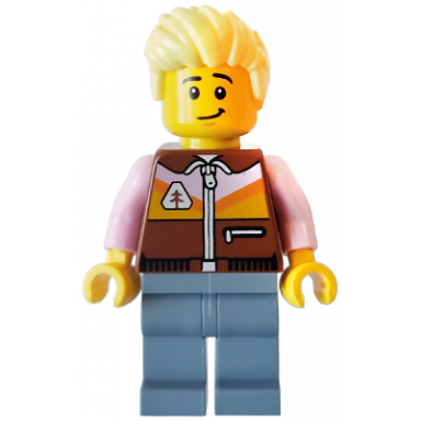 camper - male reddish brown jacket sand blue legs bright light yellow spiked hair swept up