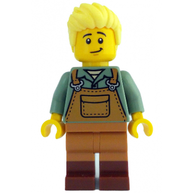 gardener - male medium nougat overalls over sand green shirt reddish brown boots bright light yellow hair