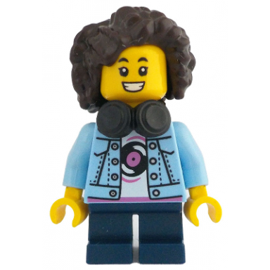 child - girl bright light blue denim jacket dark blue short legs headphones dark brown hair