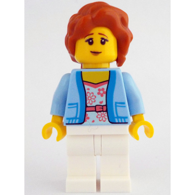woman - bright light blue jacket over white shirt with coral flowers white legs dark orange hair with braid