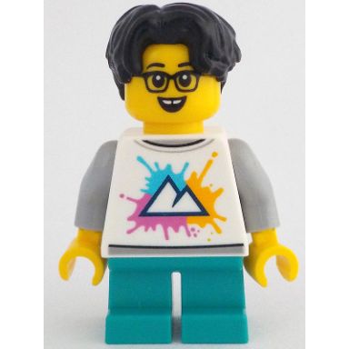 child - boy white shirt with mountains logo dark turquoise short legs black hair wavy glasses