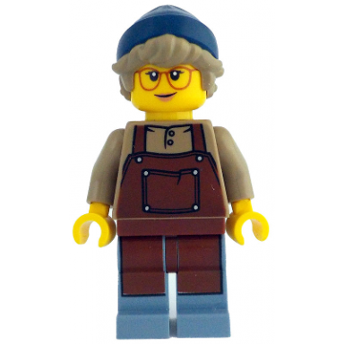 barista - female reddish brown apron dark blue beanie dark tan hair glasses