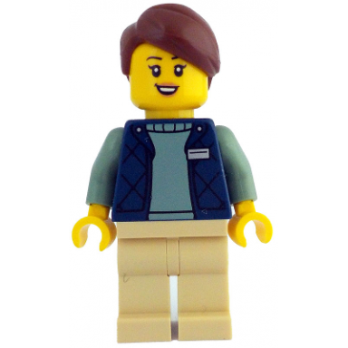 botanical garden manager - female dark blue bodywarmer over sand green sweater tan legs reddish brown hair