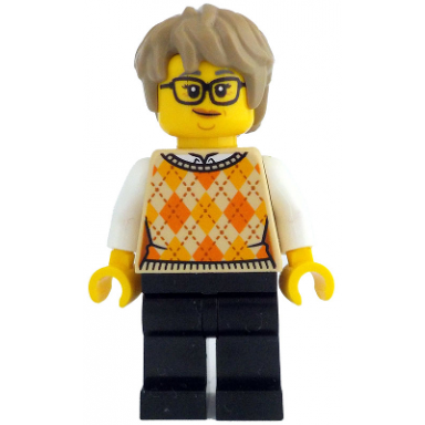 woman - tan knit argyle sweater vest black legs dark tan thick messy hair glasses