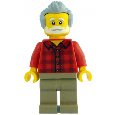 man - red plaid flannel shirt dark tan legs light bluish gray swept back hair