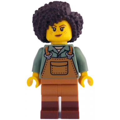 gardener - female medium nougat overalls over sand green shirt reddish brown boots dark brown hair