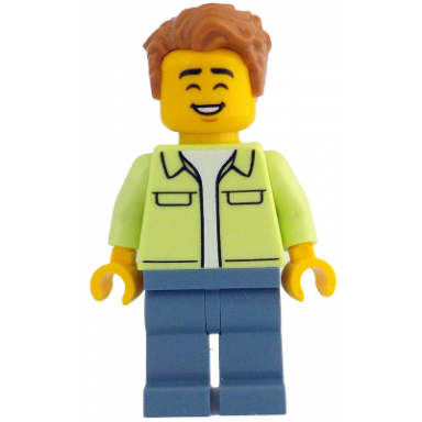 man - yellowish green jacket over white shirt sand blue legs medium nougat tousled hair