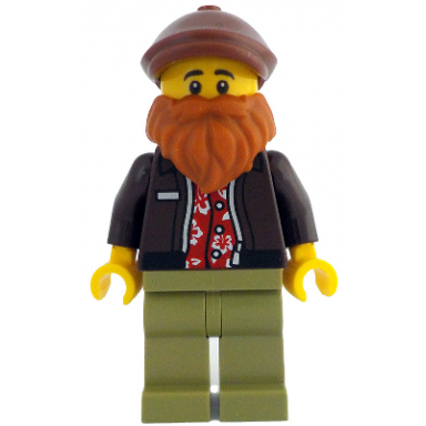 photographer - male dark brown jacket over red shirt olive green legs reddish brown cap dark orange beard