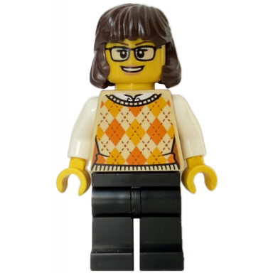 woman - tan knit argyle sweater vest black legs dark brown hair glasses
