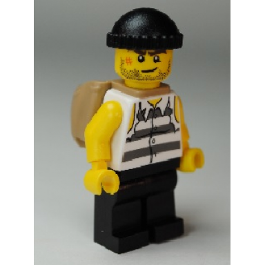 police - jail prisoner shirt with prison stripes and torn out sleeves black legs black knit cap open backpack