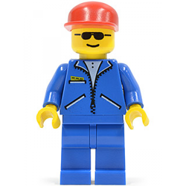 jacket blue - blue legs red cap sunglasses