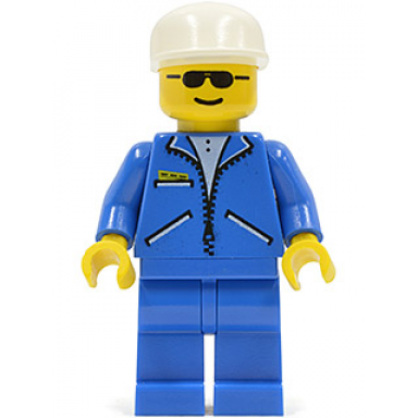 jacket blue - blue legs white cap sunglasses