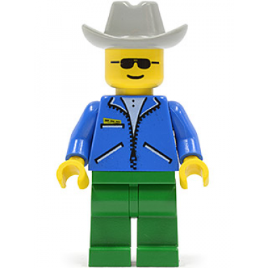 jacket blue - green legs light gray cowboy hat sunglasses