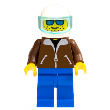 helicopter pilot - brown jacket blue legs white helmet trans-light blue visor