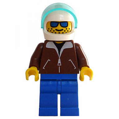 helicopter pilot - reddish brown jacket blue legs white helmet trans-light blue visor