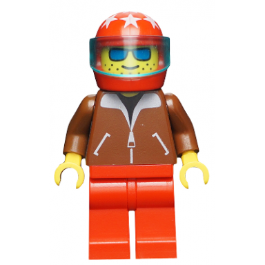jacket brown - red legs red helmet 7 white stars trans-light blue visor blue sunglasses