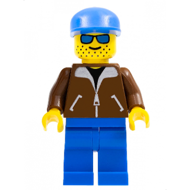 jacket brown - blue legs blue sunglasses blue cap
