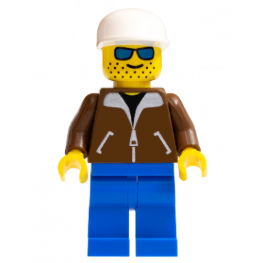 jacket brown - blue legs blue sunglasses white cap