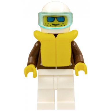jacket brown - white legs white helmet trans-light blue visor blue sunglasses life jacket