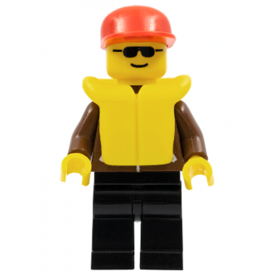 jacket brown - black legs red cap black sunglasses life jacket