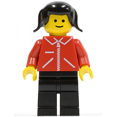 jacket red with zipper - red arms - black legs black pigtails hair