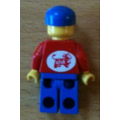 jacket red with zipper - red arms - blue legs blue cap with arla dairy logo pattern on back sticker