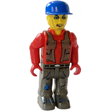 bank robber with dark gray legs red shirt and blue cap