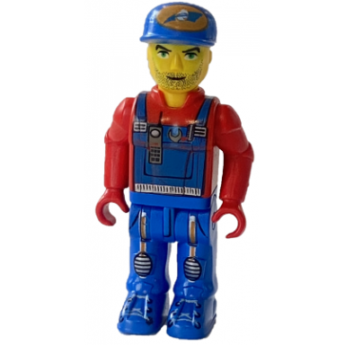 crewman with blue overalls red shirt
