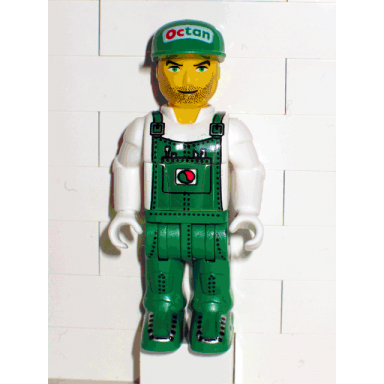 mechanic in green overalls with octan pattern