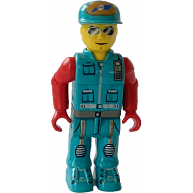 crewman with dark turquoise vest and pants red arms
