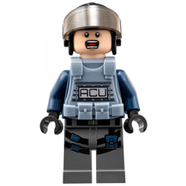 acu trooper - male black aviator cap with trans-brown visor light nougat head sand blue body armor vest
