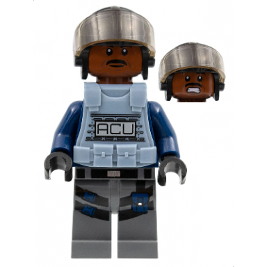 acu trooper - male black aviator cap with trans-brown visor reddish brown head sand blue body armor vest