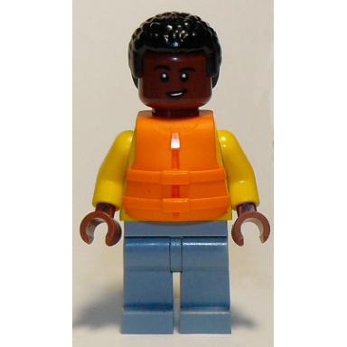 darius bowman - yellow hoodie over white shirt sand blue legs orange life jacket