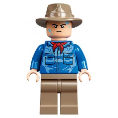dr alan grant - blue shirt with water stains dark tan fedora