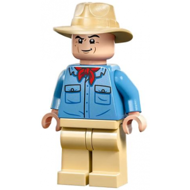 dr alan grant - medium blue shirt with pockets with black buttons outline tan fedora