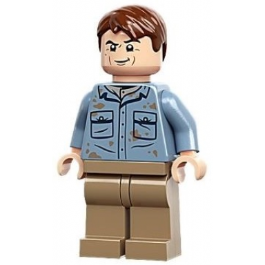 dr alan grant - sand blue shirt with pockets and dirt stains reddish brown hair