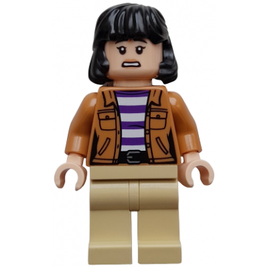 yasmina yaz fadoula - medium nougat jacket over dark purple and white striped shirt tan legs