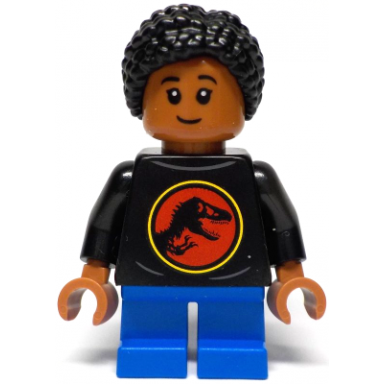 junior paleontologist - girl black shirt with jurassic park logo blue short legs black hair braided with knot bun