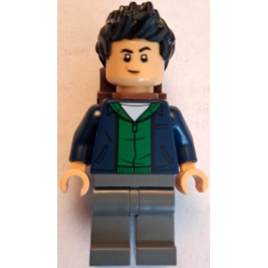 kenji kon - dark blue jacket over green hoodie reddish brown backpack