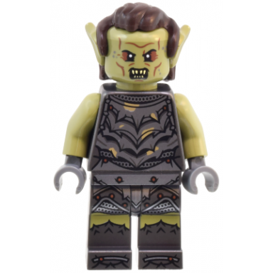 orc - olive green head pearl dark gray armor with dirt splotches dark brown hair
