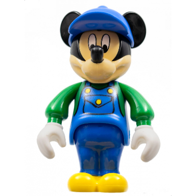 mickey mouse figure with blue overalls green sleeves blue cap