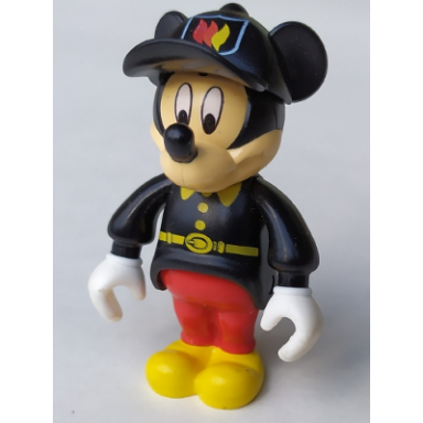 mickey mouse figure with red pants black fireman uniform black cap
