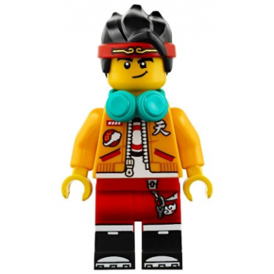 monkie kid - bright light orange open jacket dark turquoise headphones smirk angry