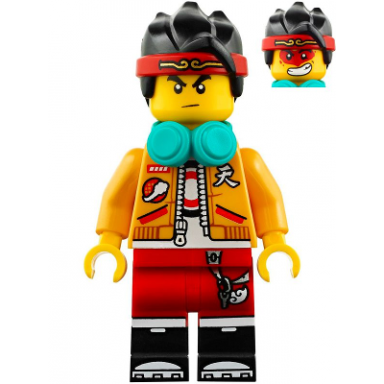 monkie kid - bright light orange open jacket dark turquoise headphones neutral angry with red face paint