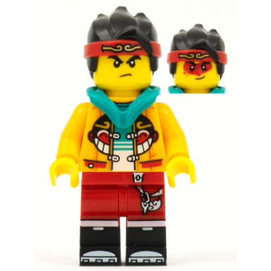 monkie kid - bright light orange open jacket with monkey head logo dark turquoise hood angry smile with red face paint