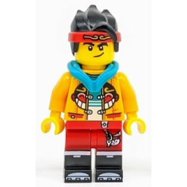 monkie kid - bright light orange open jacket with monkey head logo dark turquoise hood smirk angry